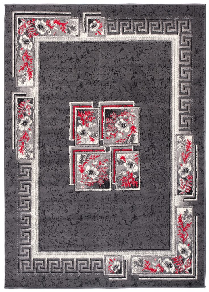 Tappeto Dream Grigio Rosso Fiori Quadrati