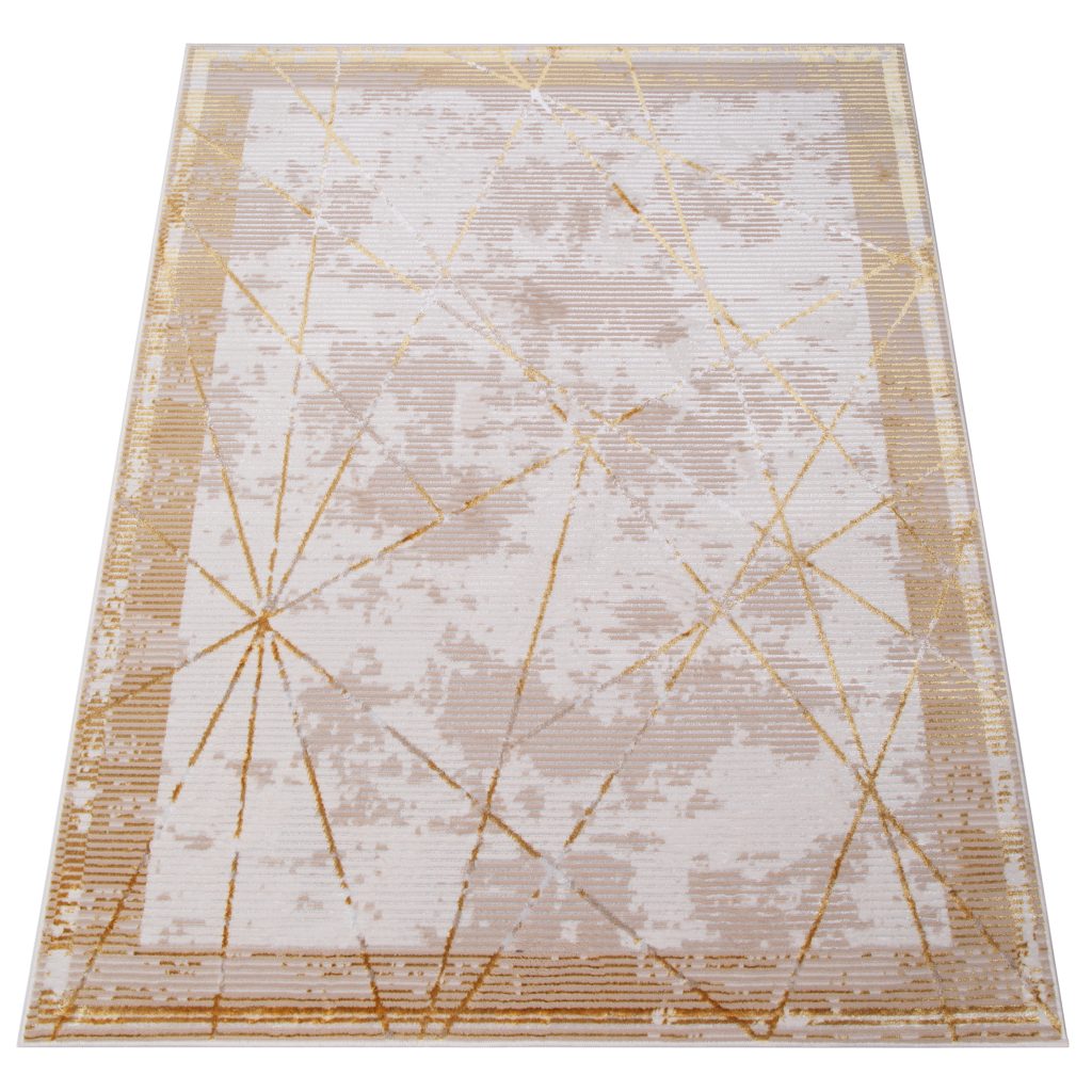 Tappeto Crystal Oro Beige Cornice Geometrico Effetto 3D