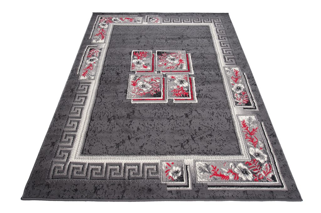 Tappeto Dream Grigio Rosso Fiori Quadrati