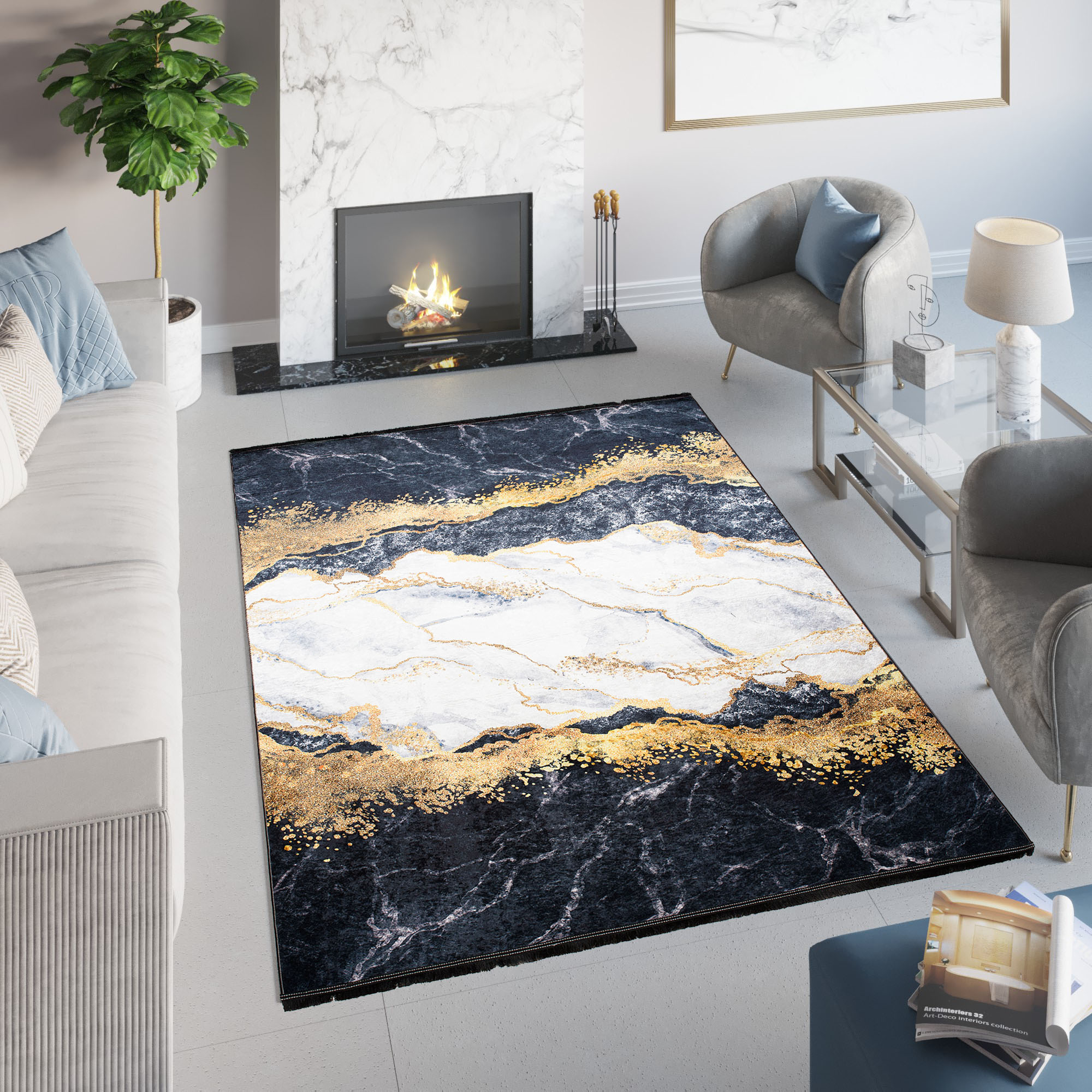 Tappeto Toscana con Frange Grigio Oro Astratto