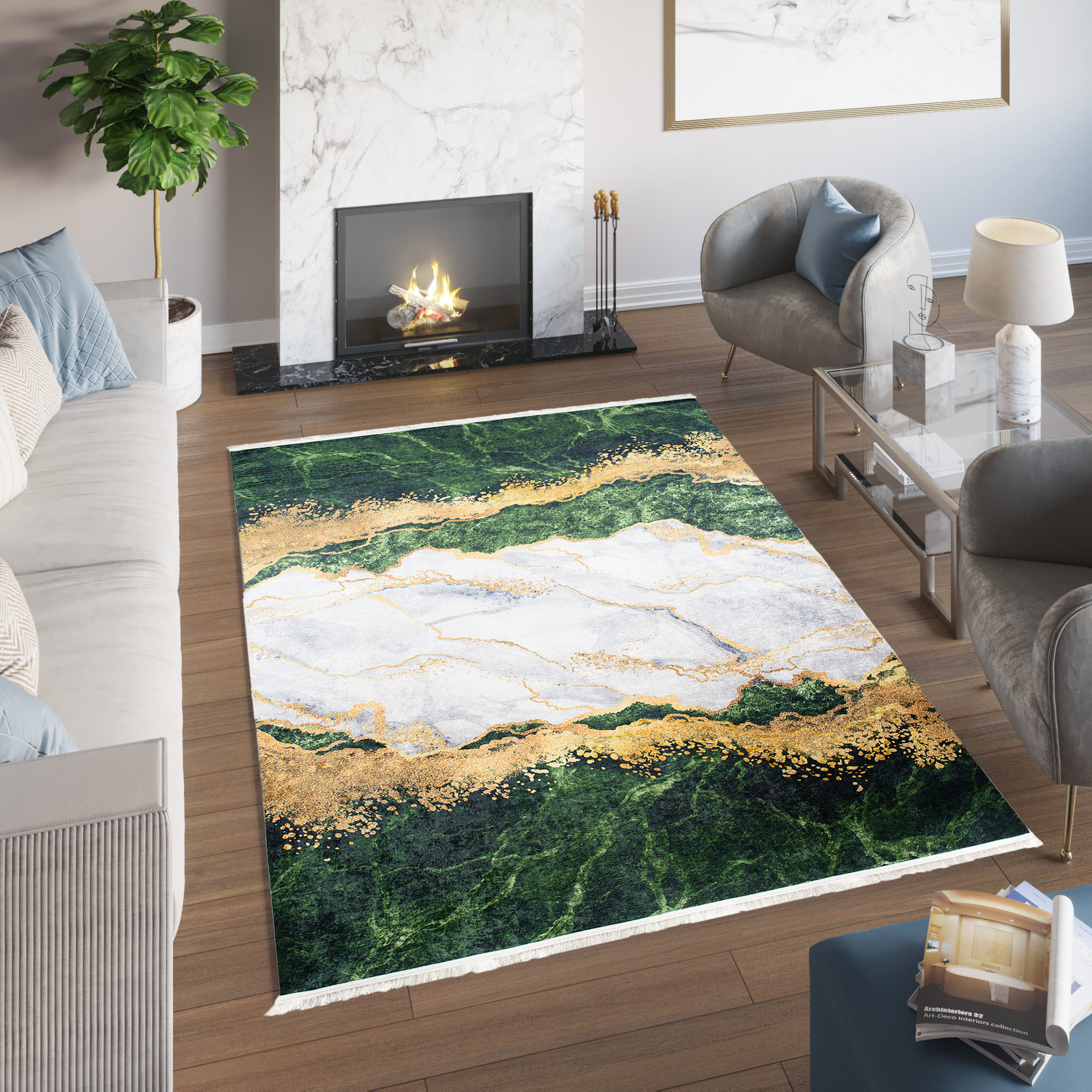 Tappeto Toscana con Frange Verde Grigio Oro