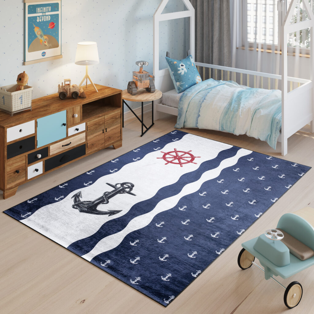 Tappeto Emma Bambini Blu Scuro Bianco Ancore Antiscivolo