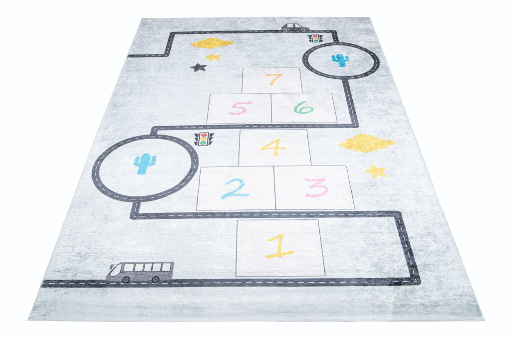 Tappeto Emma Bambini Blu Grigio Giocco a Campana Antiscivolo