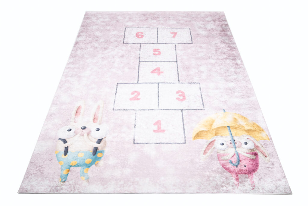 Tappeto Emma Bambini Rosa Lepri Giocco a Campana Antiscivolo