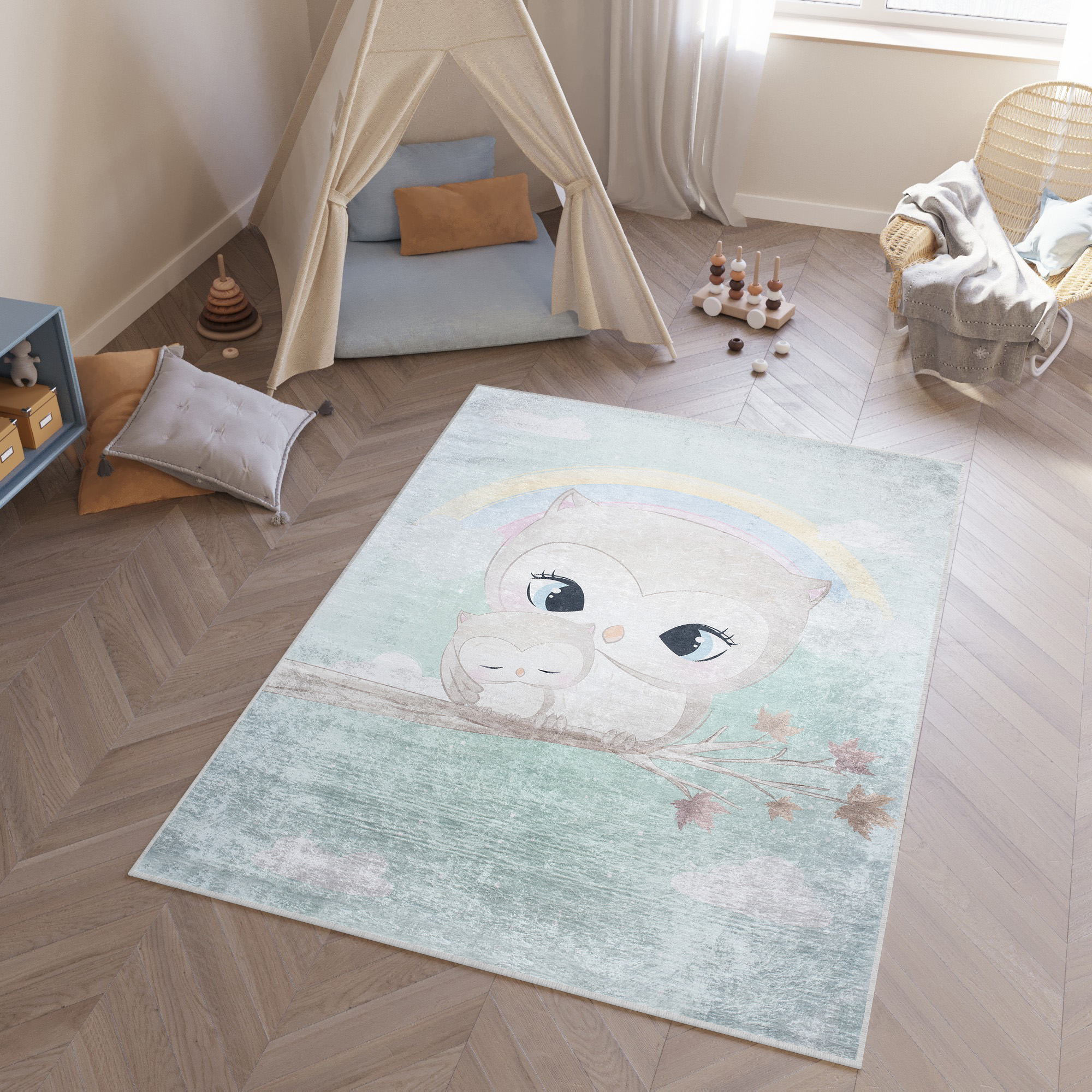 Tappeto Emma Bambini Turchese Gufo Antiscivolo