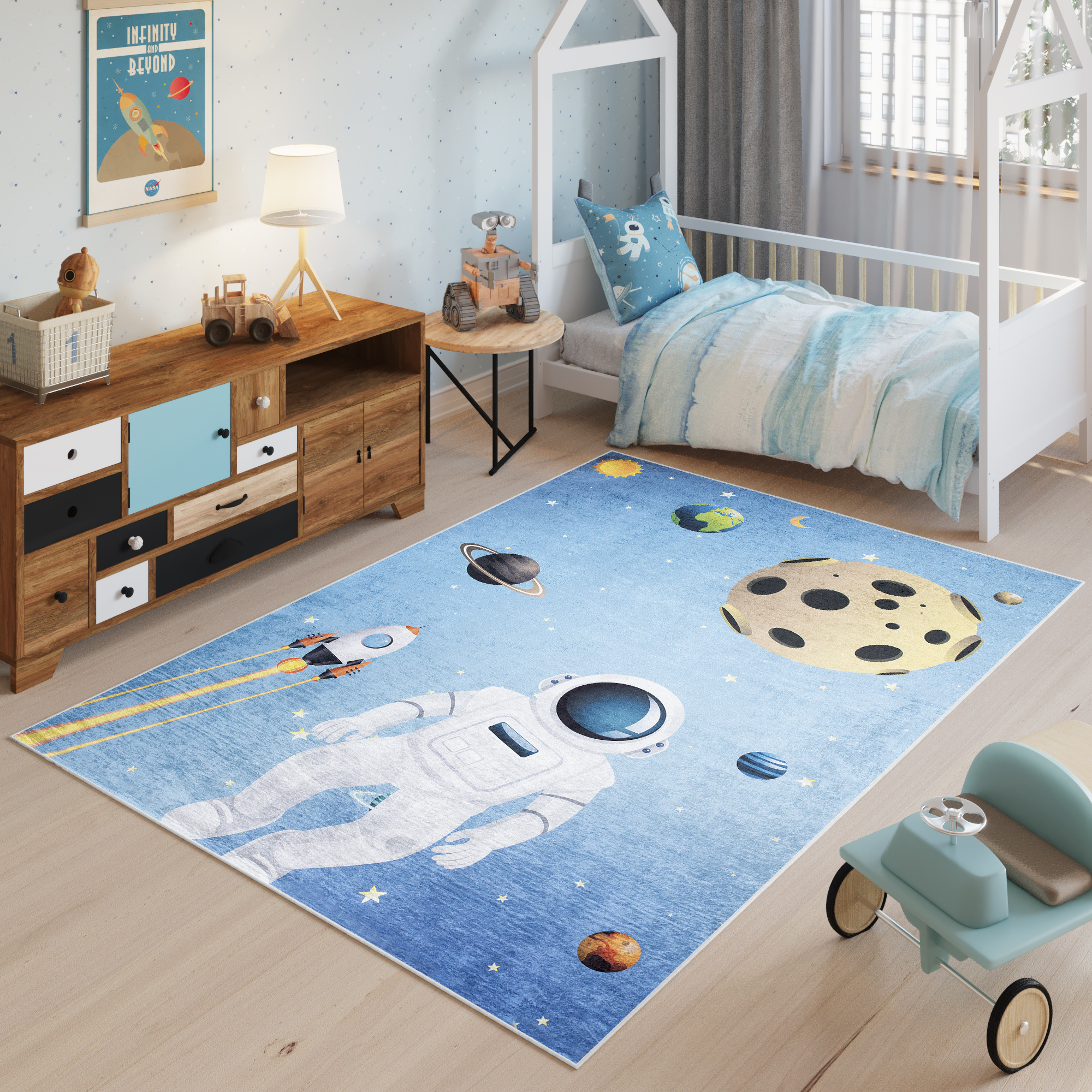 Tappeto Emma Bambini Blu Spazio Astronauta Antiscivolo