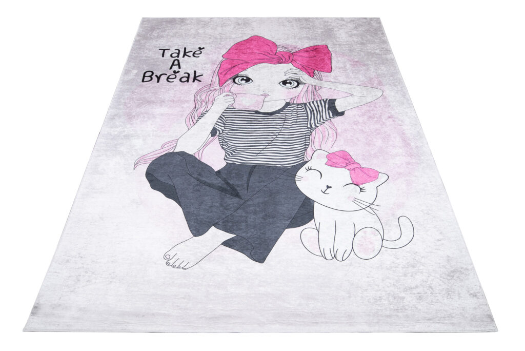 Tappeto Emma Bambini Rosa Grigio Bambina Gatto Antiscivolo