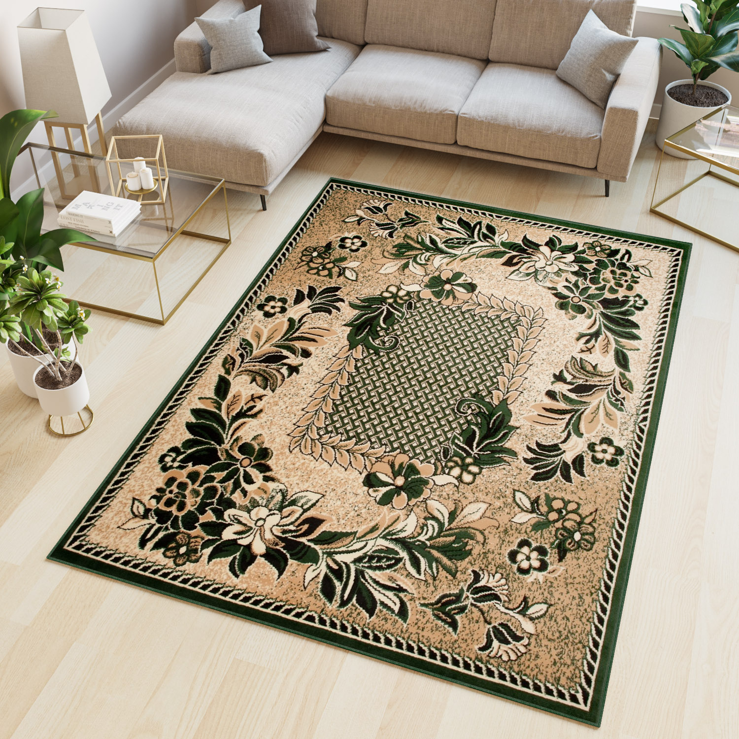 Tappeto Atlas Beige Verde Moderno Floreale