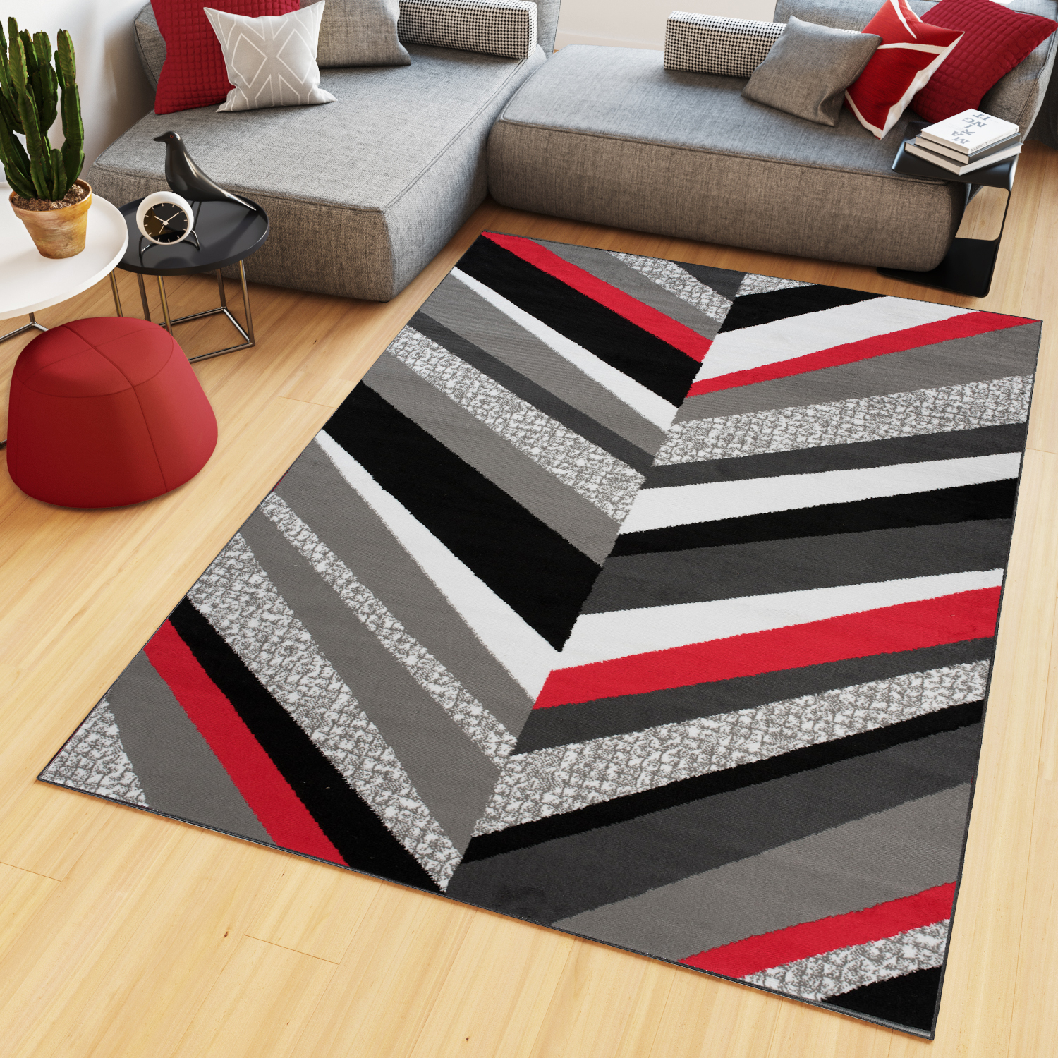 Tappeto Maya Grigio Rosso Geometrico Linee