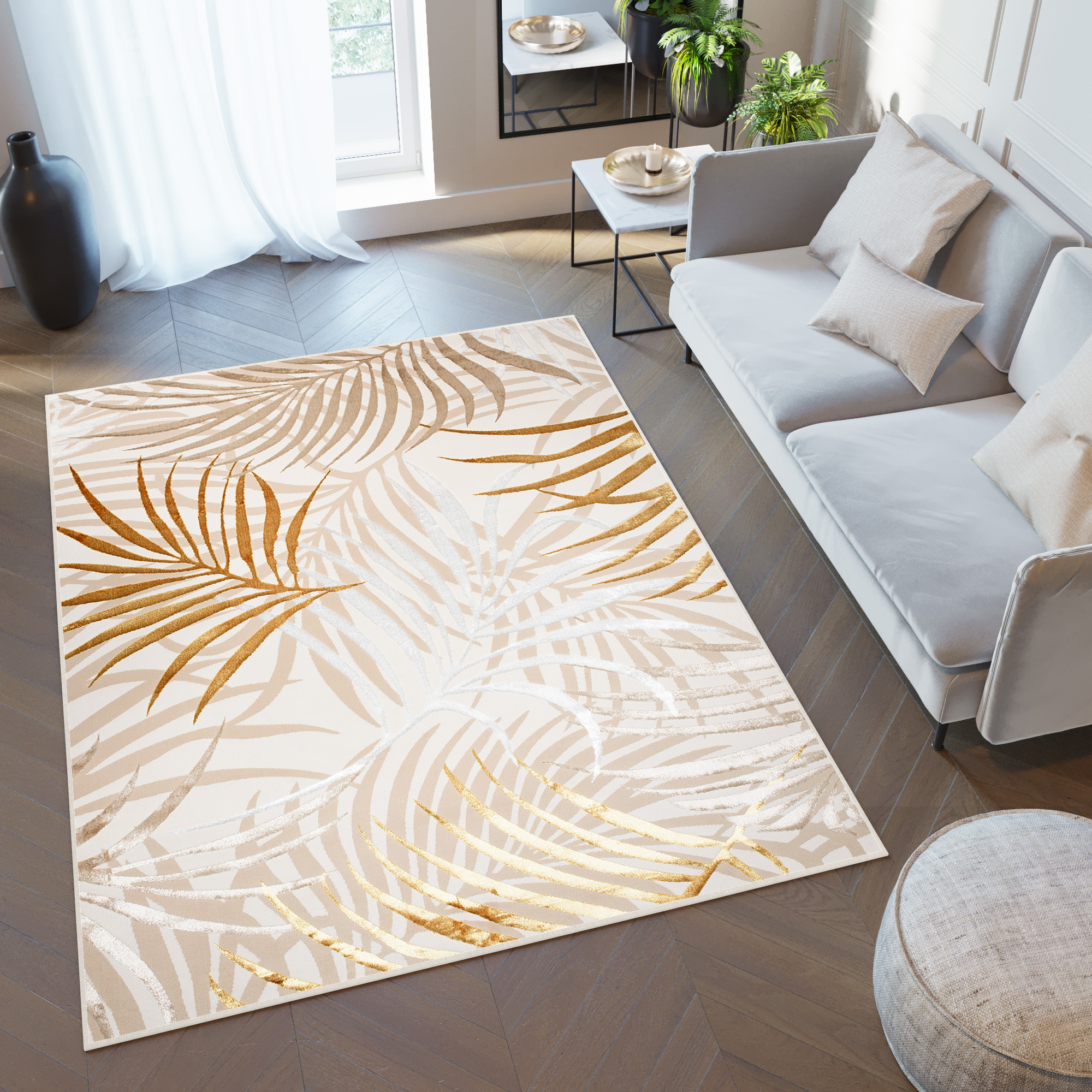 Tappeto Golden Crema Oro Beige Foglie