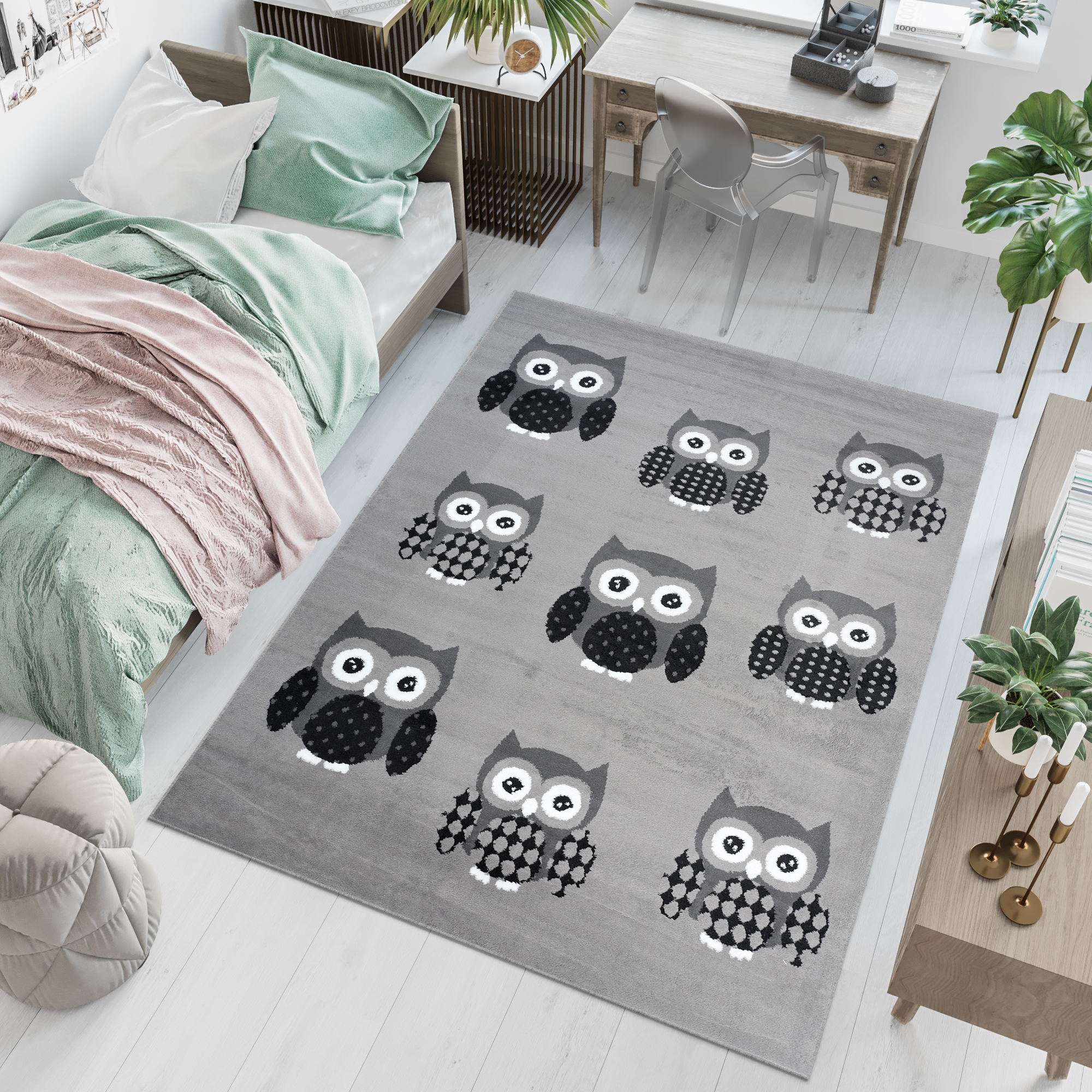 Tappeto Luxury Per Bambini Con Gufi Grigio Moderno A Pelo Corto