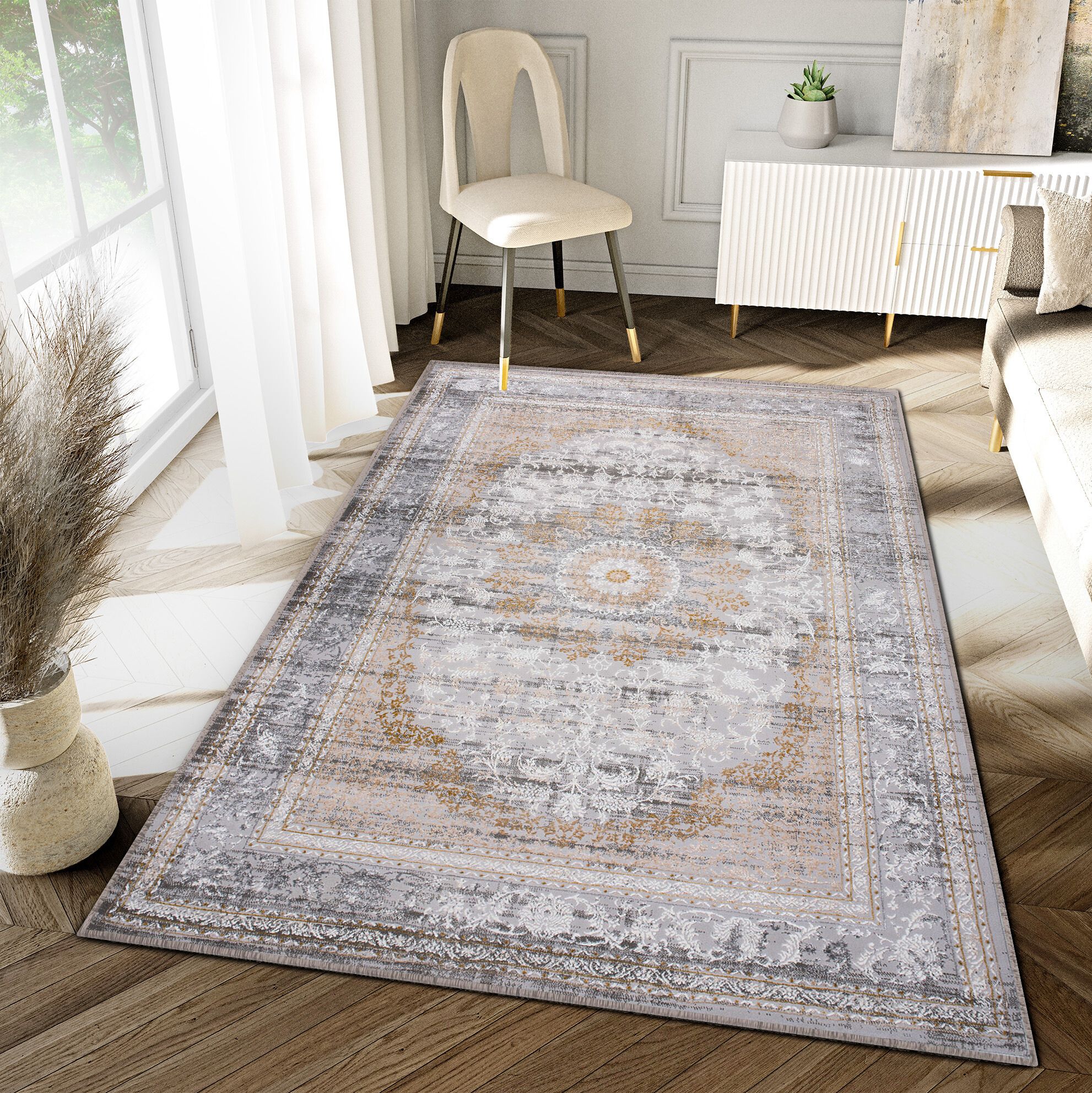 Tappeto Hera Grigio Beige Crema Rosetta Effetto 3D