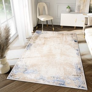 Tappeto Hera Crema Beige Blu Moderno Effetto 3D