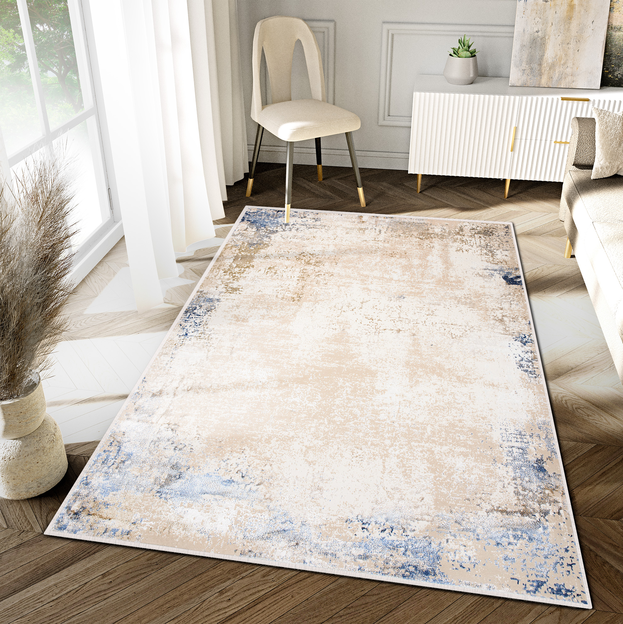 Tappeto Hera Crema Beige Blu Moderno Effetto 3D