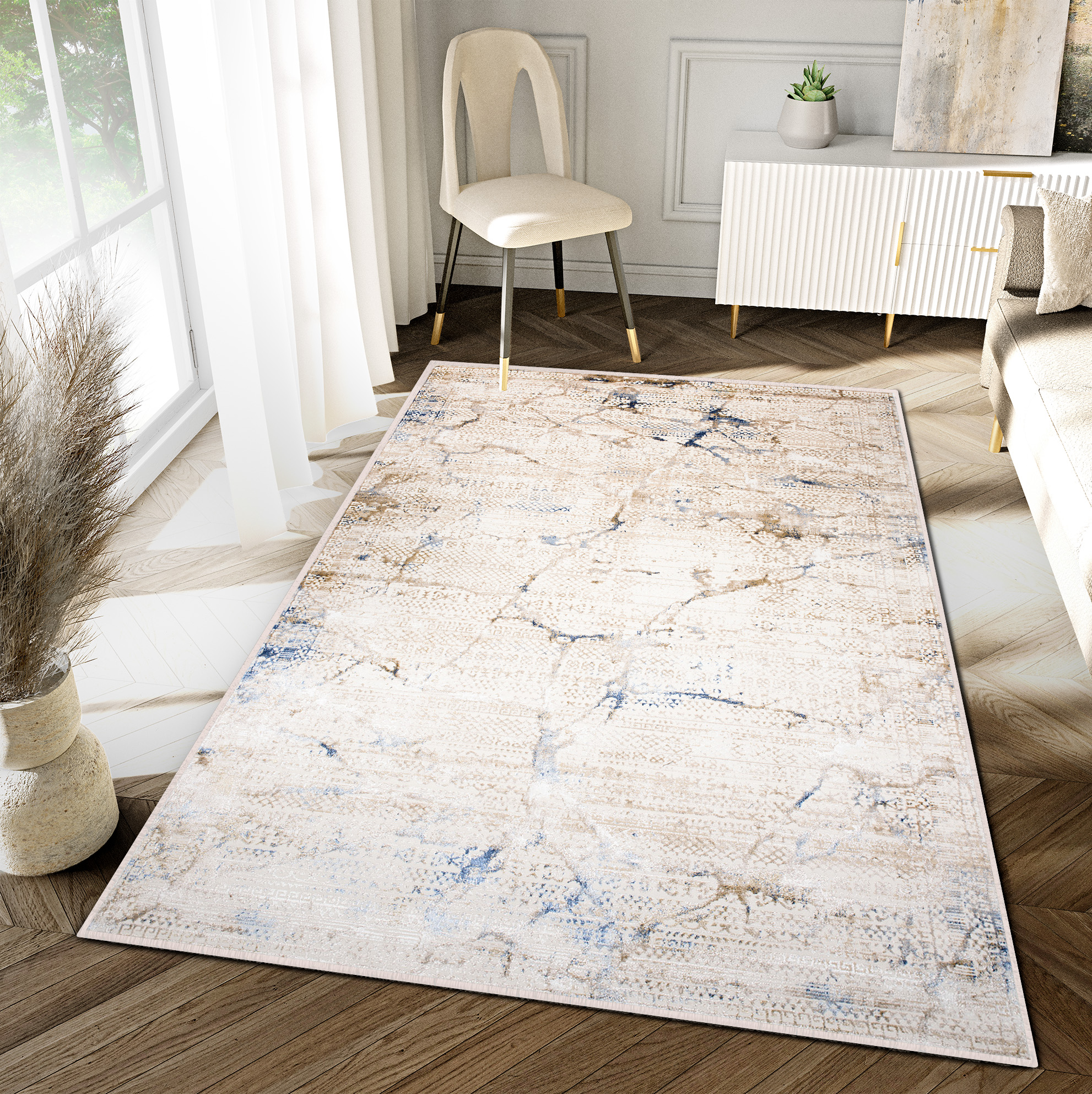 Tappeto Hera Crema Beige Blu Etnico Effetto 3D