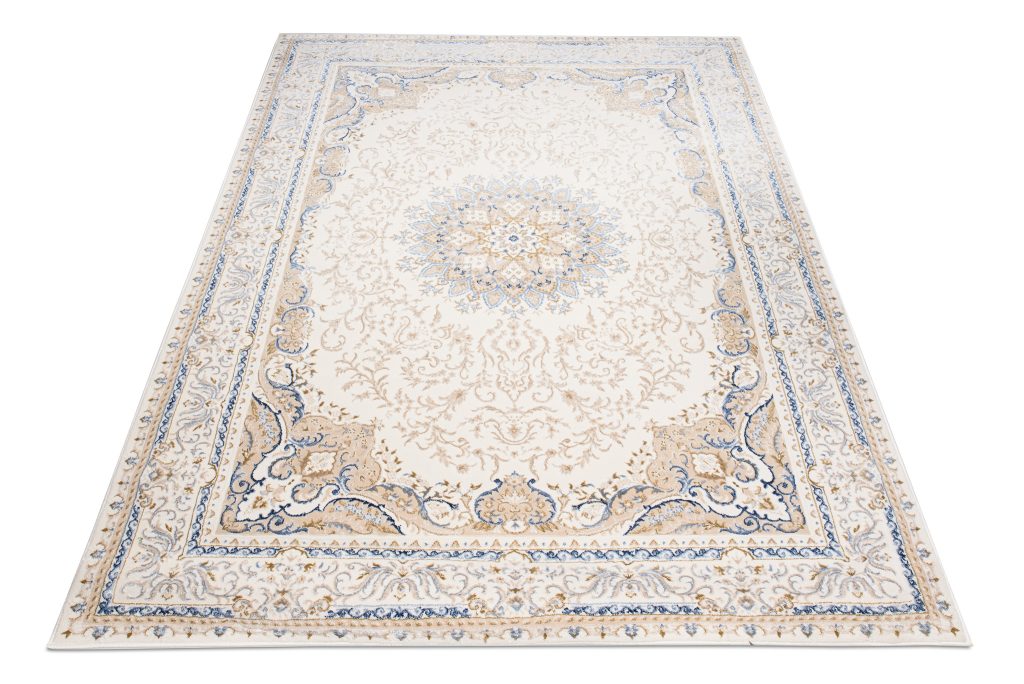 Tappeto Hera Crema Beige Blu Medaglione Effetto 3D