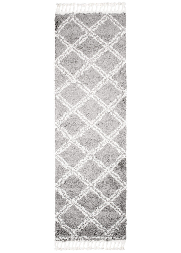Tappeto Passatoia Boho con Frange Grigio a Scacchi Shaggy