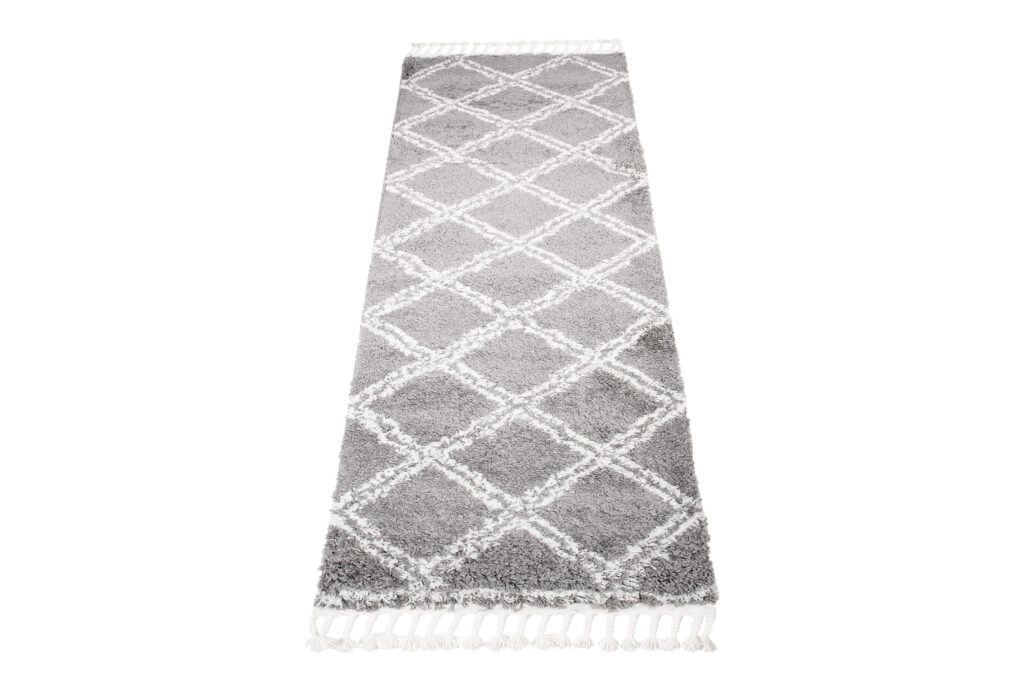 Tappeto Passatoia Boho con Frange Grigio a Scacchi Shaggy