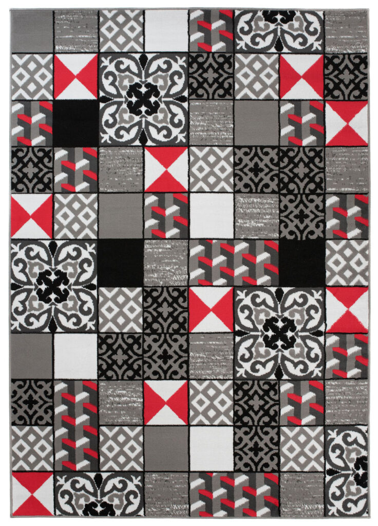 Tappeto Maya Grigio Rosso Quadrati Mosaico