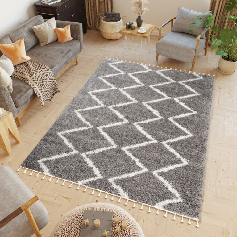 Tappeto Boho con Frange Grigio Zigzag Shaggy
