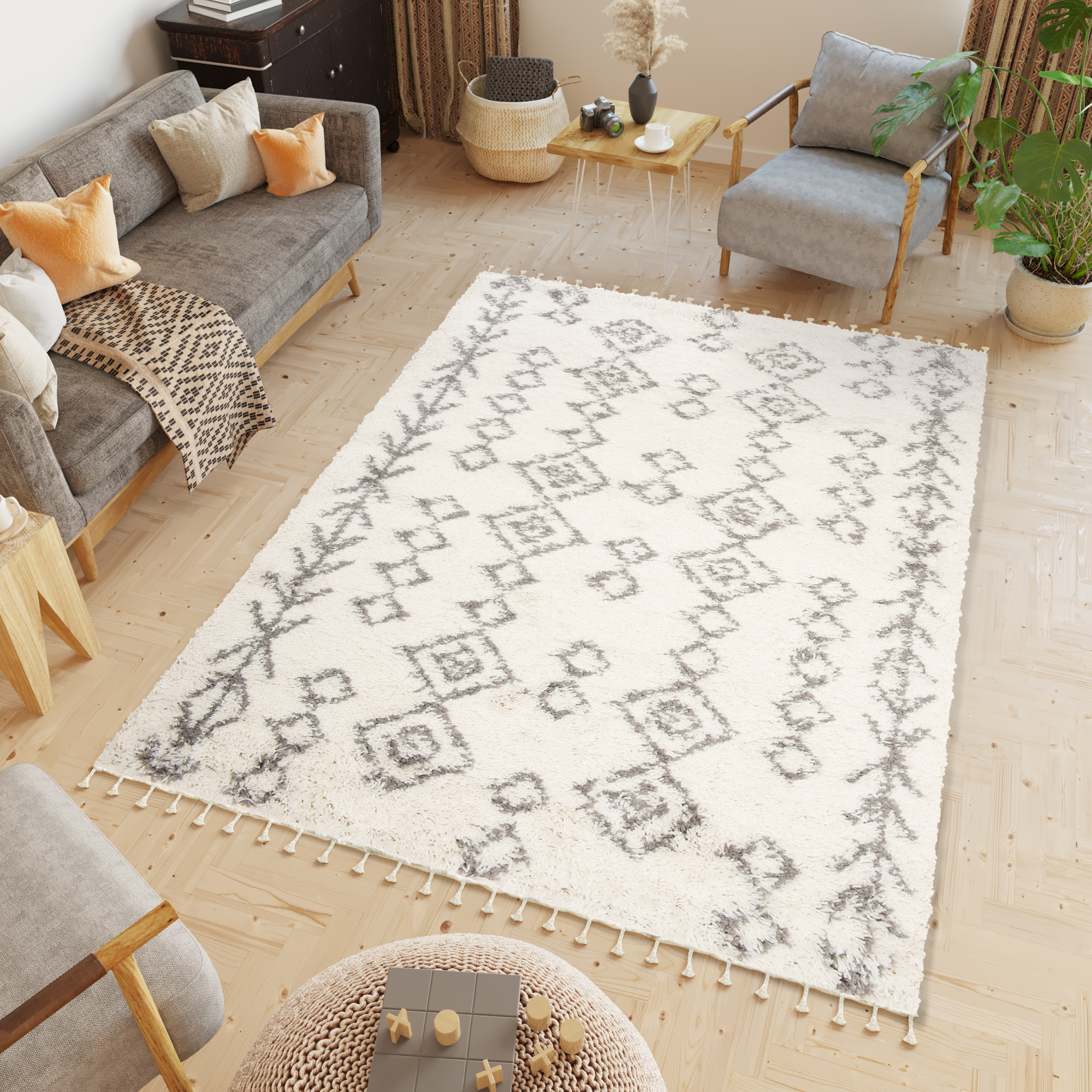 Tappeto Boho con Frange Crema Geometrico Shaggy