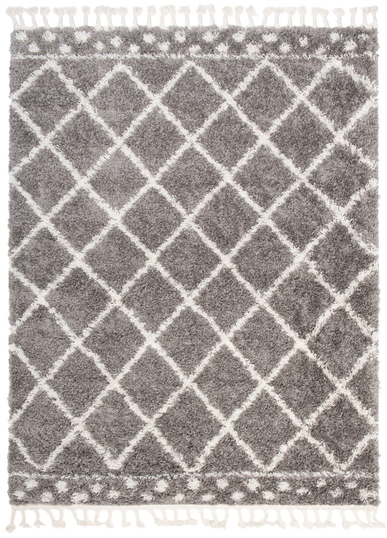 Tappeto Boho con Frange Grigio a Scacchi a Pois Shaggy