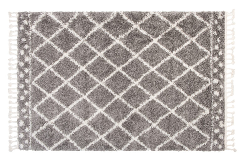 Tappeto Boho con Frange Grigio a Scacchi a Pois Shaggy