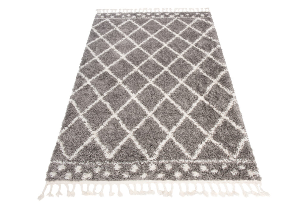 Tappeto Boho con Frange Grigio a Scacchi a Pois Shaggy