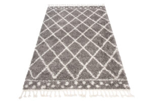 Tappeto Boho con Frange Grigio a Scacchi a Pois Shaggy