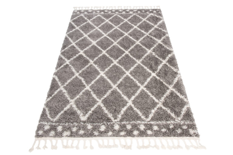 Tappeto Boho con Frange Grigio a Scacchi a Pois Shaggy