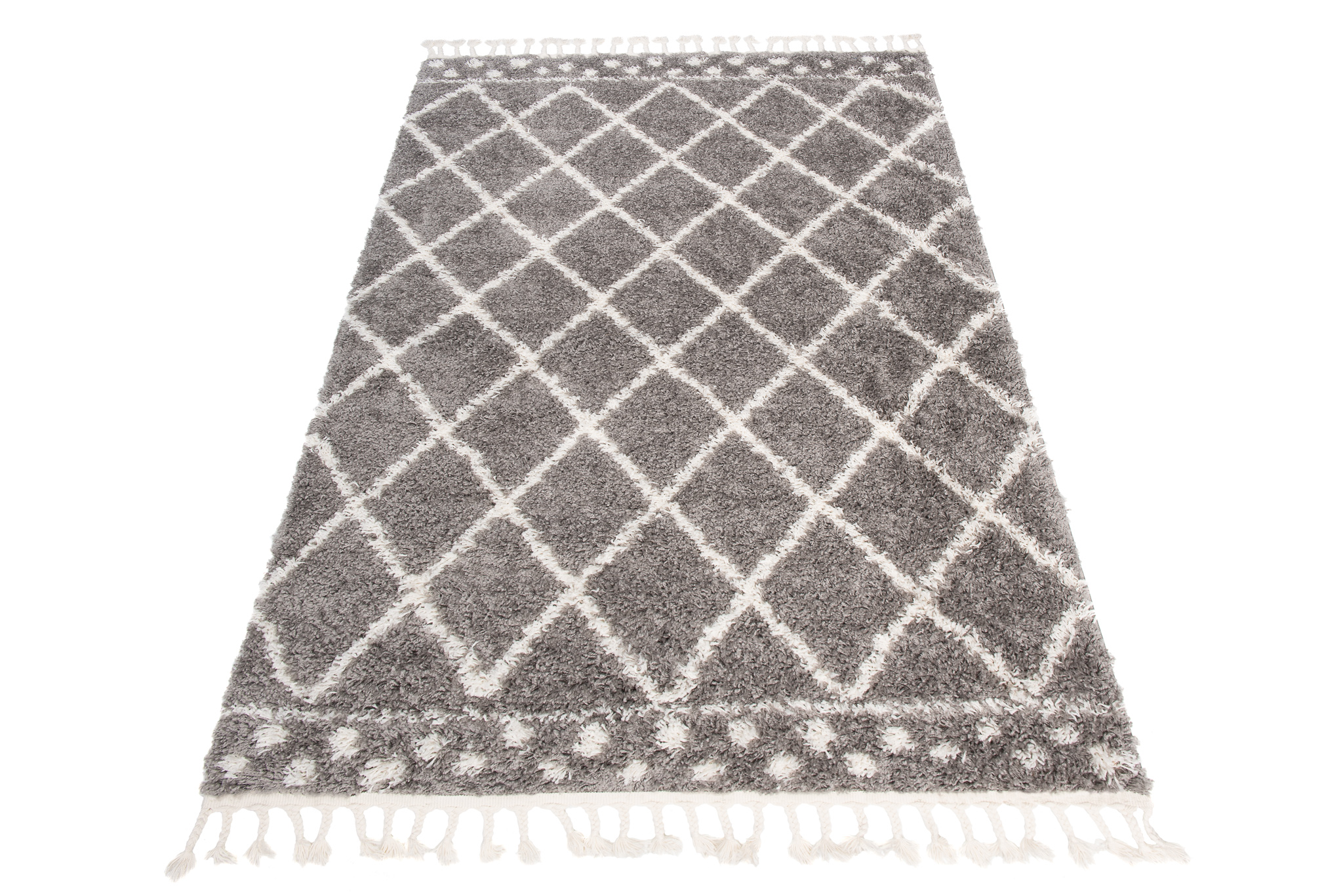 Tappeto Boho con Frange Grigio a Scacchi a Pois Shaggy