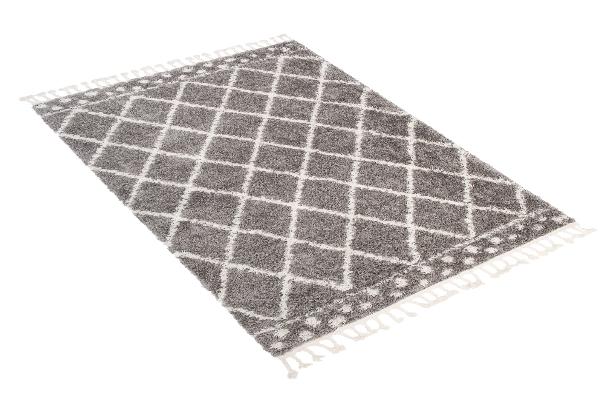 Tappeto Boho con Frange Grigio a Scacchi a Pois Shaggy