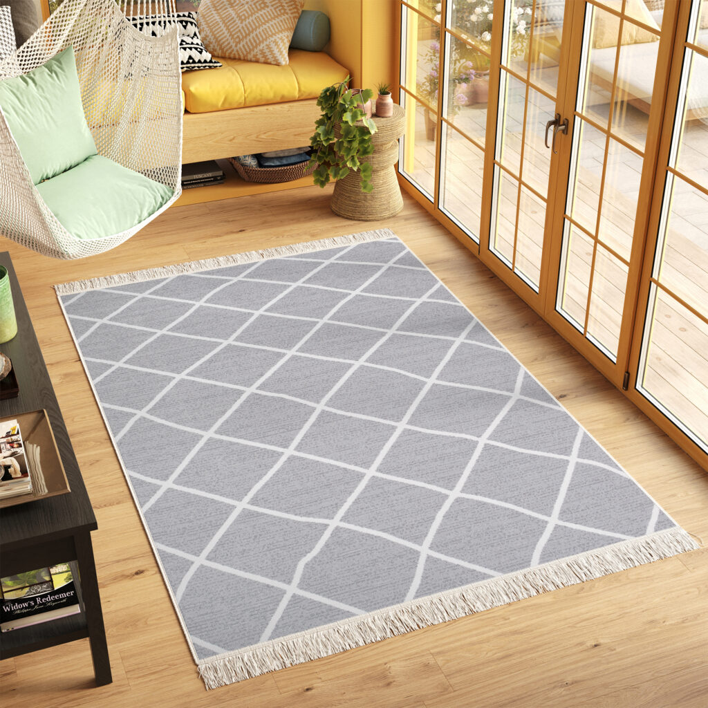 Tappeto Azteca Cotone Grigio Rombi con Frange