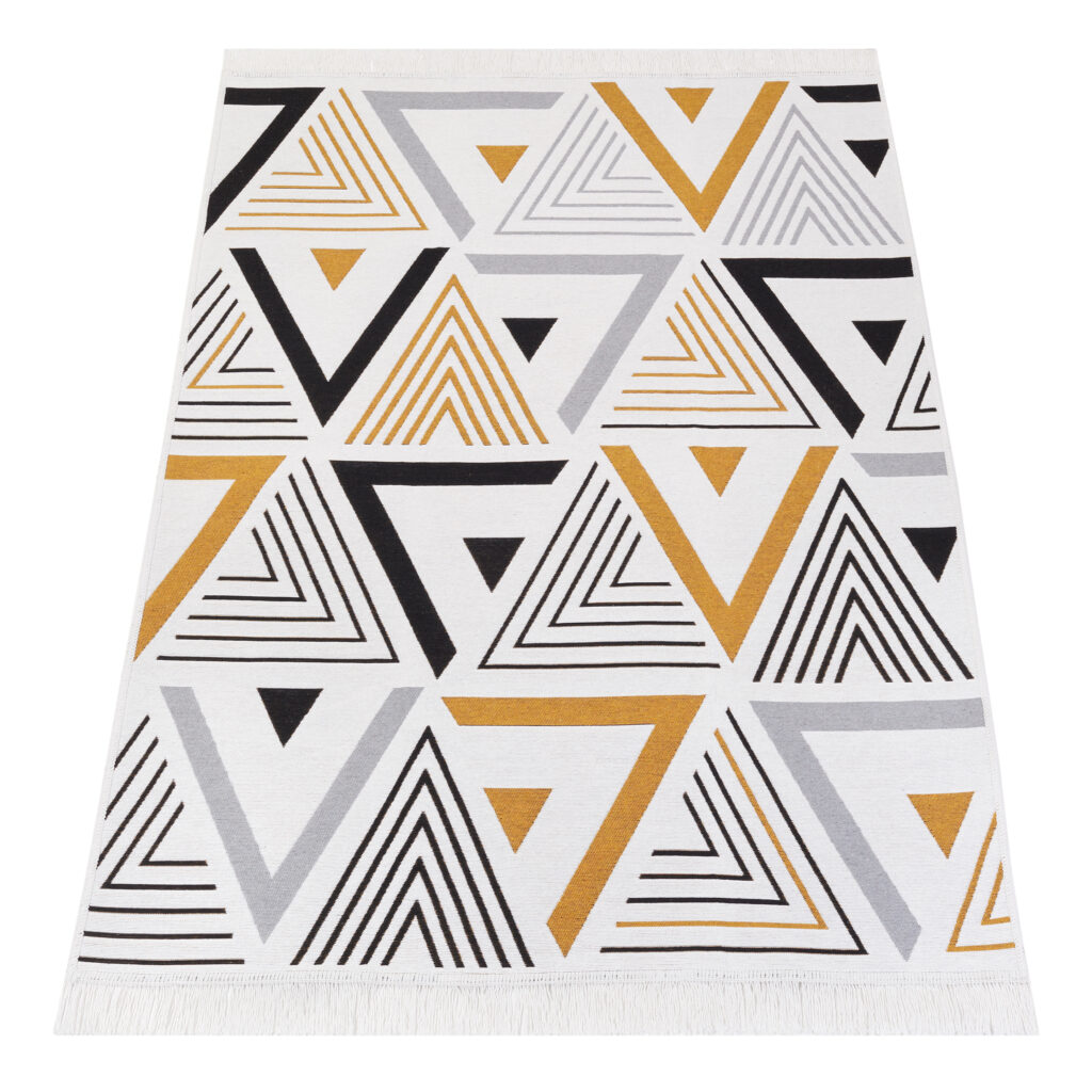 Tappeto Azteca Cotone Bianco Nero Giallo con Frange