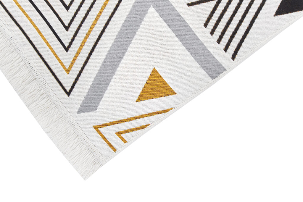 Tappeto Azteca Cotone Bianco Nero Giallo con Frange
