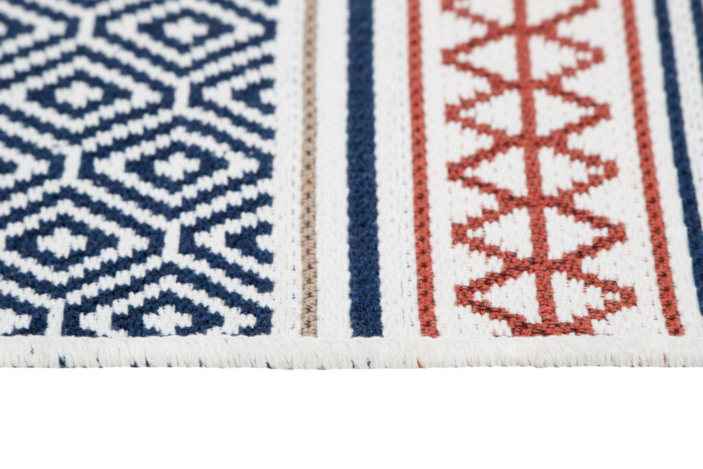 Tappeto Azteca Cotone Blu Rosso con Frange