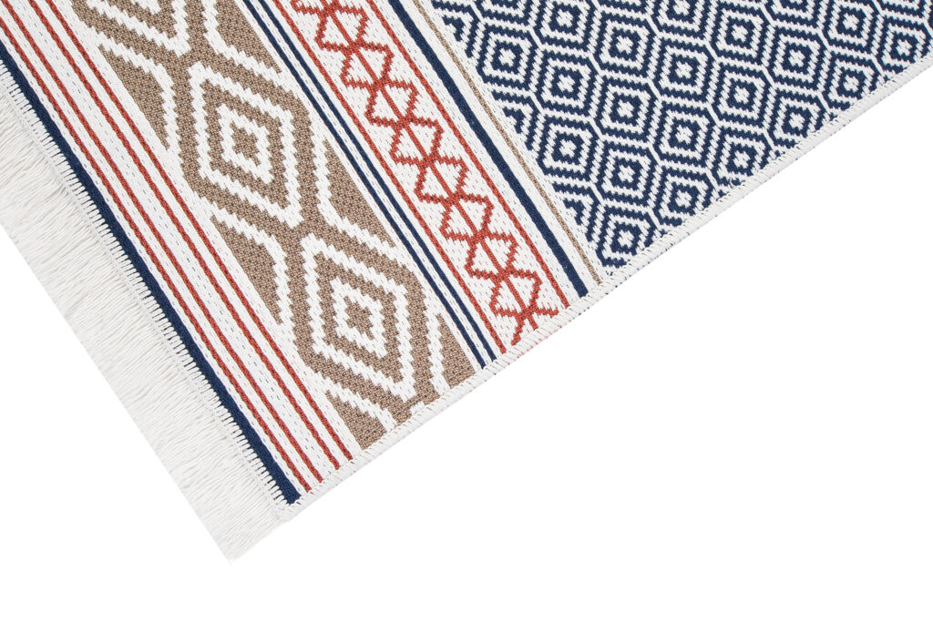 Tappeto Azteca Cotone Blu Rosso con Frange