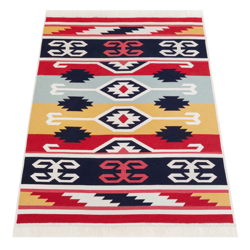 Tappeto Azteca Cotone Rosso Blu con Frange