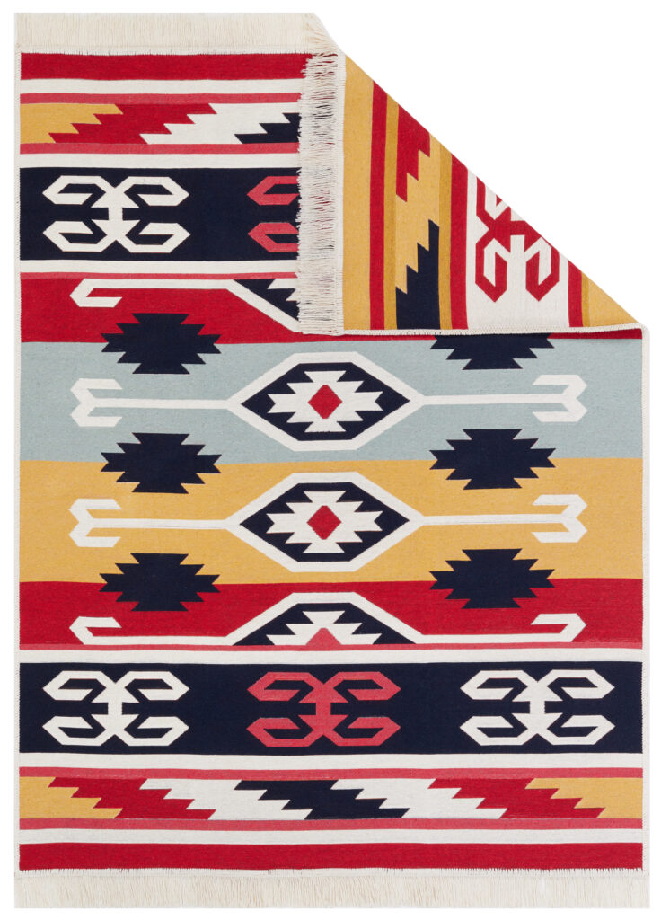 Tappeto Azteca Cotone Rosso Blu con Frange