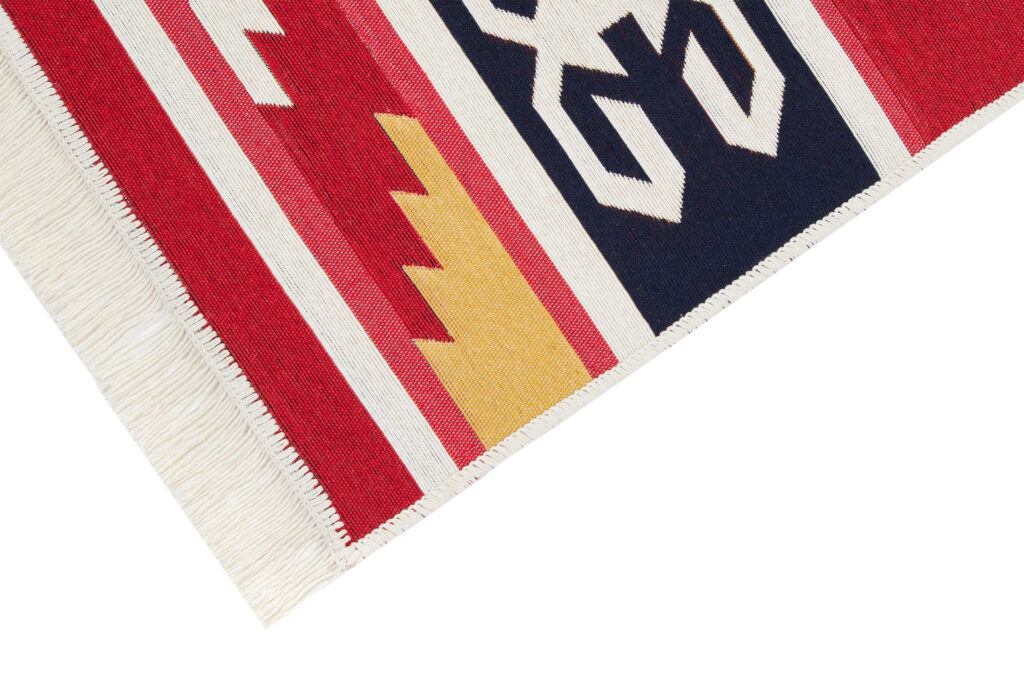 Tappeto Azteca Cotone Rosso Blu con Frange