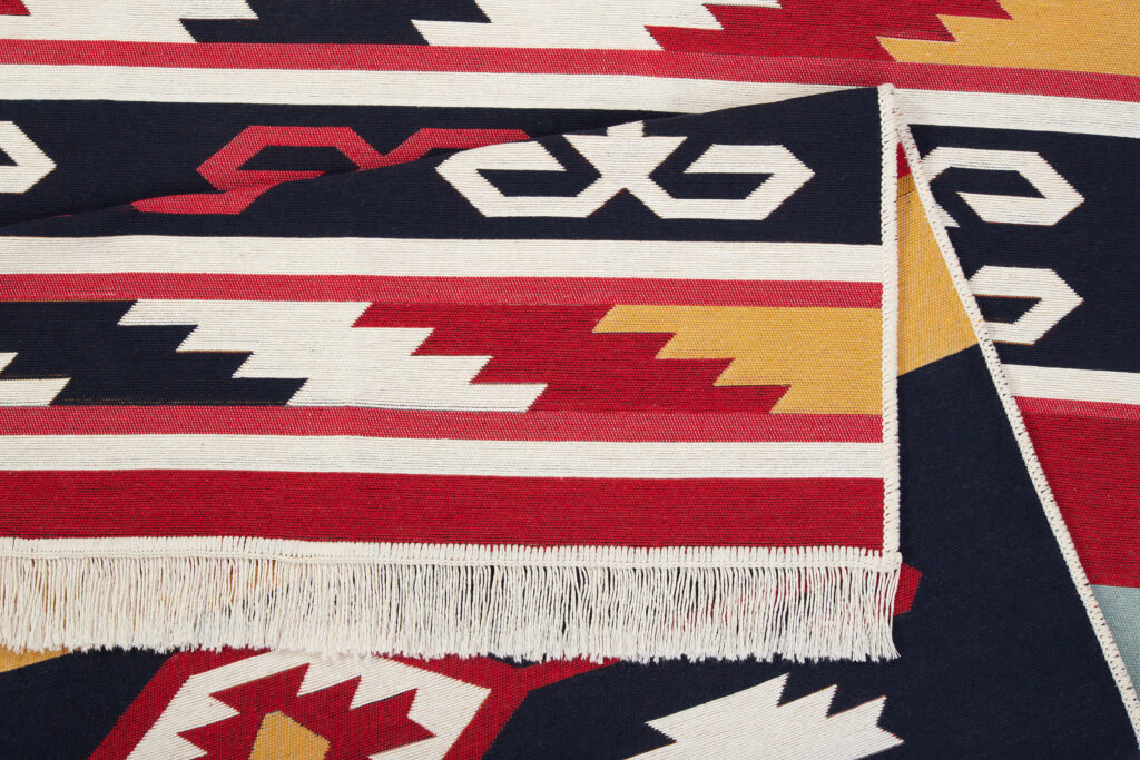 Tappeto Azteca Cotone Rosso Blu con Frange