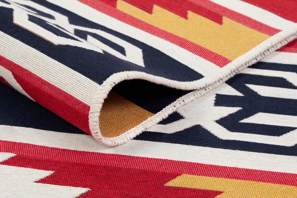 Tappeto Azteca Cotone Rosso Blu con Frange