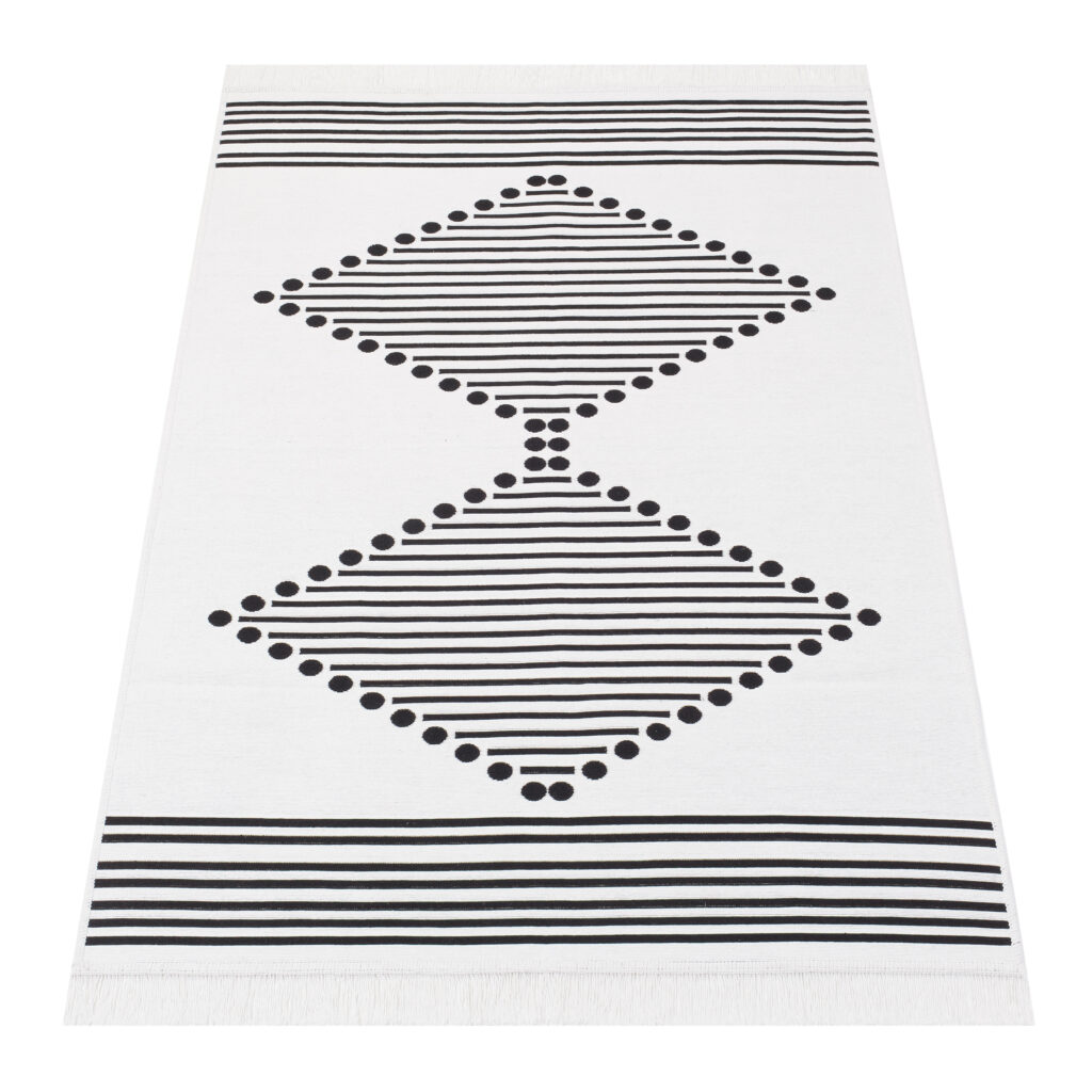 Tappeto Azteca Cotone Bianco Nero con Frange