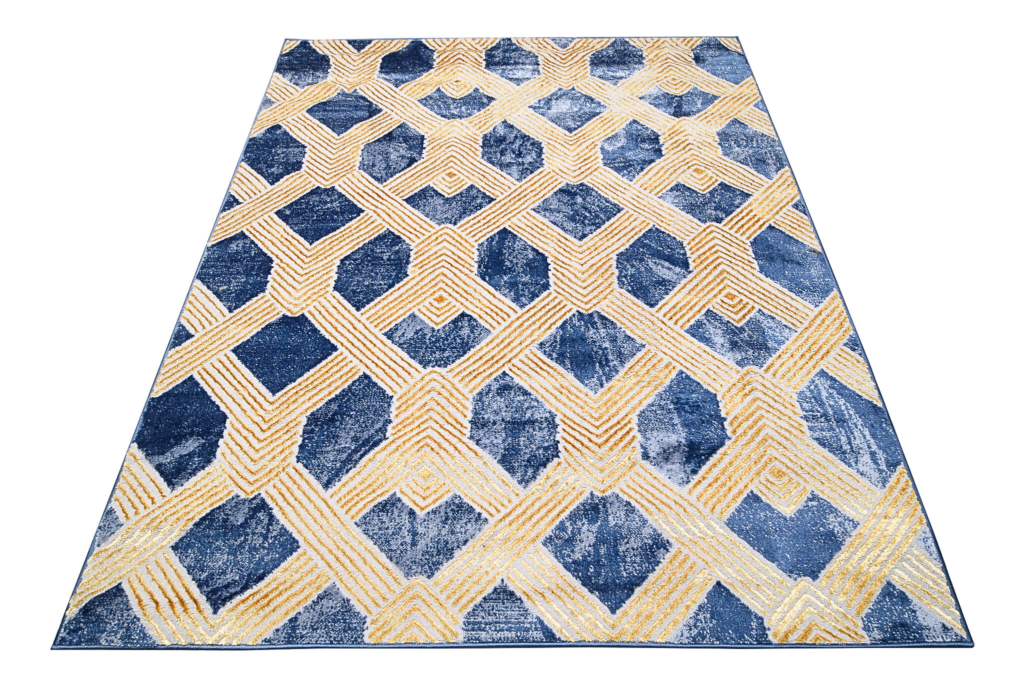 Tappeto Shine Blu Scuro Oro Geometrico Effetto 3D