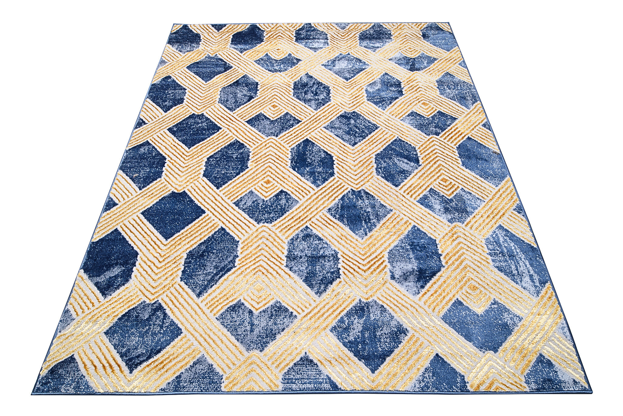 Tappeto Shine Blu Scuro Oro Geometrico Effetto 3D