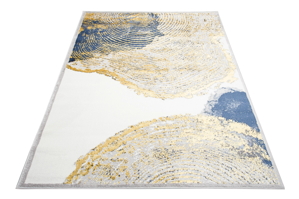 Tappeto Shine Crema Oro Blu Astratto Effetto 3D