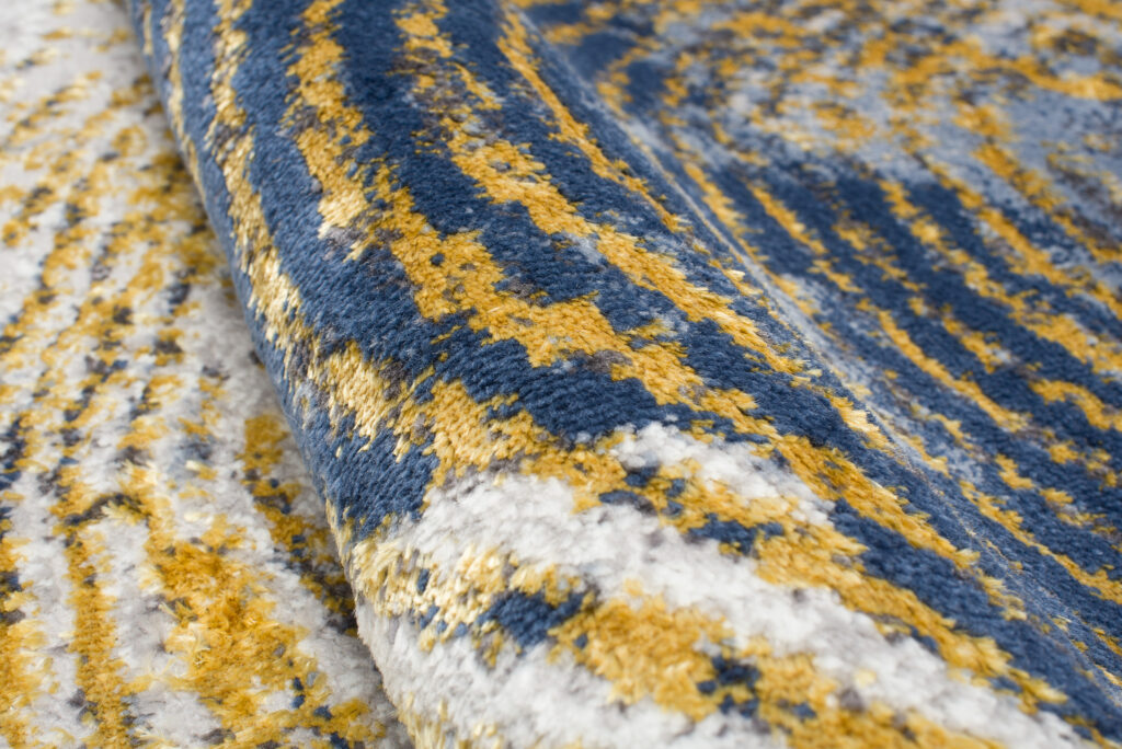 Tappeto Shine Crema Oro Blu Astratto Effetto 3D