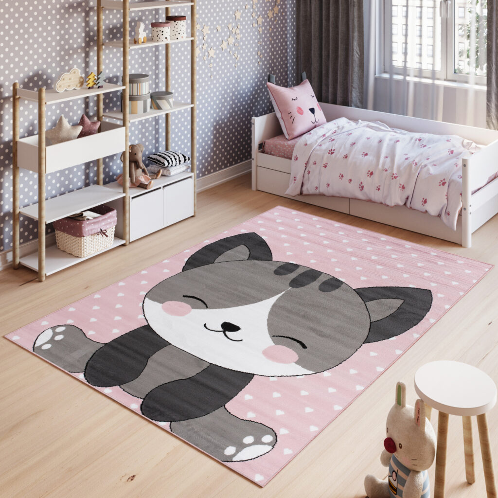 Tappeto Per Bambini Pinky Rosa Grigio Gatto