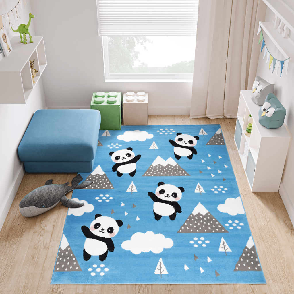 Tappeto Jolly Bambini Cameretta Animali Panda Blu A Pelo Corto