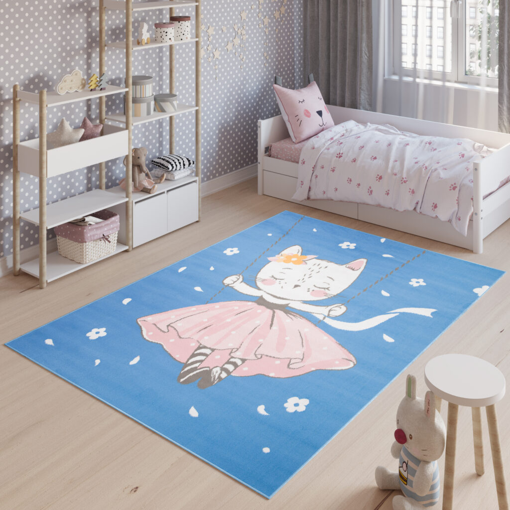 Tappeto Jolly Bambini Cameretta Gatto Animale Blu A Pelo Corto